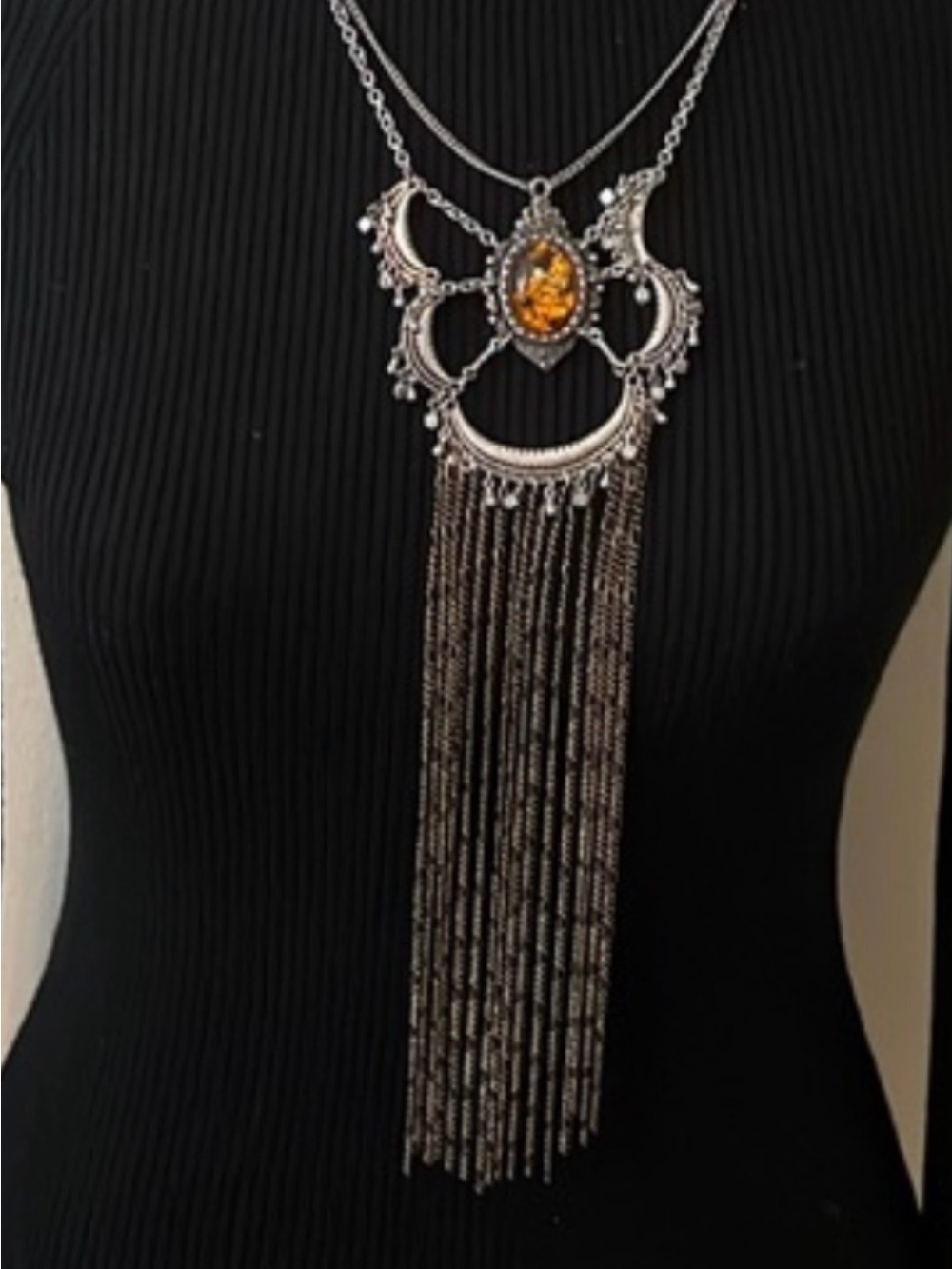 Bohemian Silver-Tone Fringe Necklace with Amber Stone